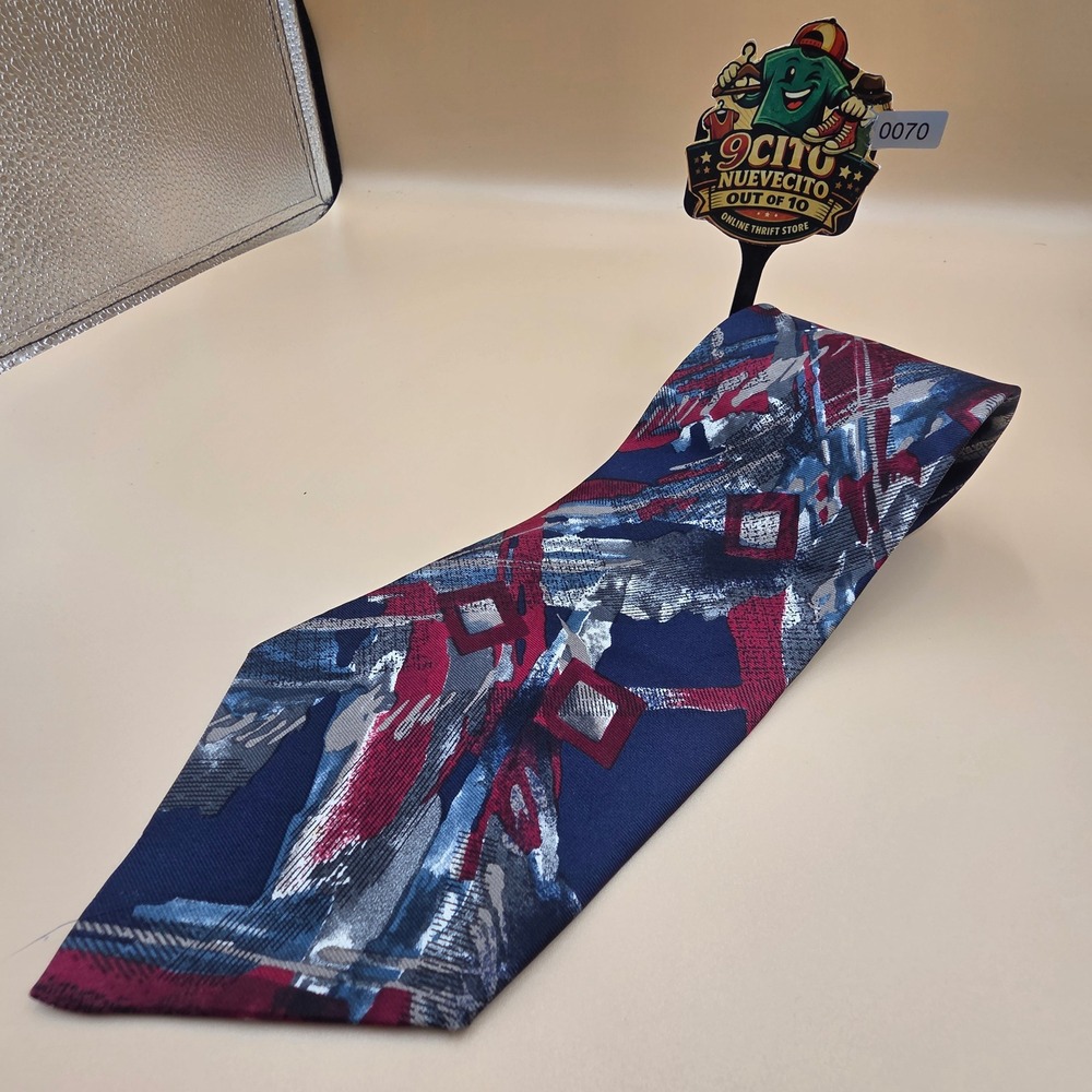 Torriani Mens Silk Tie Abstract Geometric Navy Blue Burgundy Grey Made in Italy